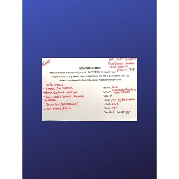 INC INTERNATIONAL CONCEPTS Lace Overlay Top, BLUE/BLACK FLORAL, Size M, NWOT - Picture 8 of 8